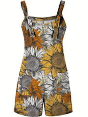  Sunflower Print Tie Front Tank Jumpsuit