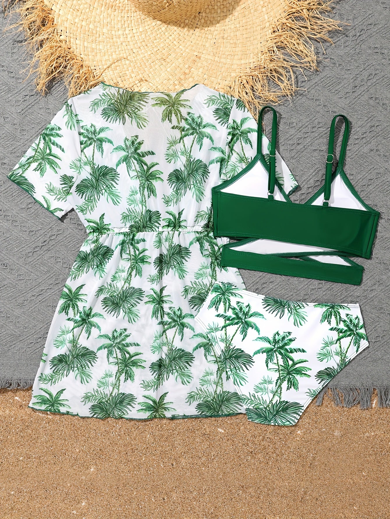 Girls Cover Up Jacket & Bikini Set - Leaves Allover Print - Summer Vacation