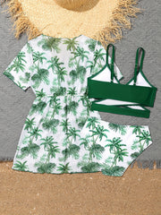 Girls Cover Up Jacket & Bikini Set - Leaves Allover Print - Summer Vacation
