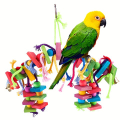 Colorful Wooden Parrot Chewing Toy with Foraging Blocks