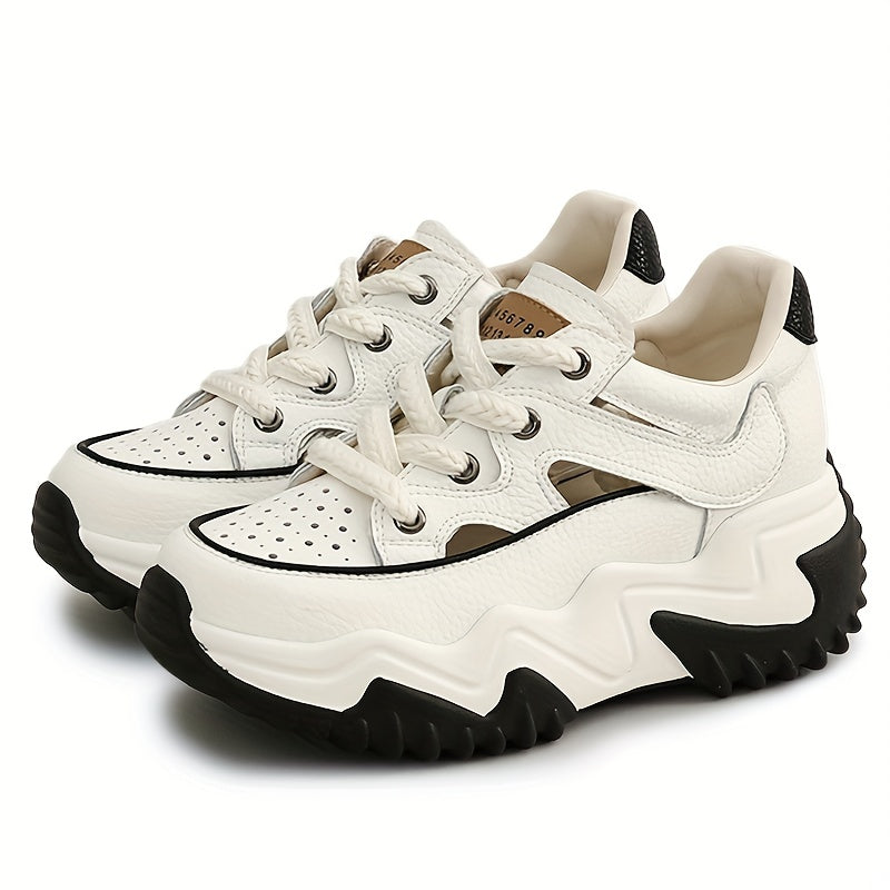 Women's Cutout Chunky Sneakers Lace Up Breathable Thick Sole Walking Shoes