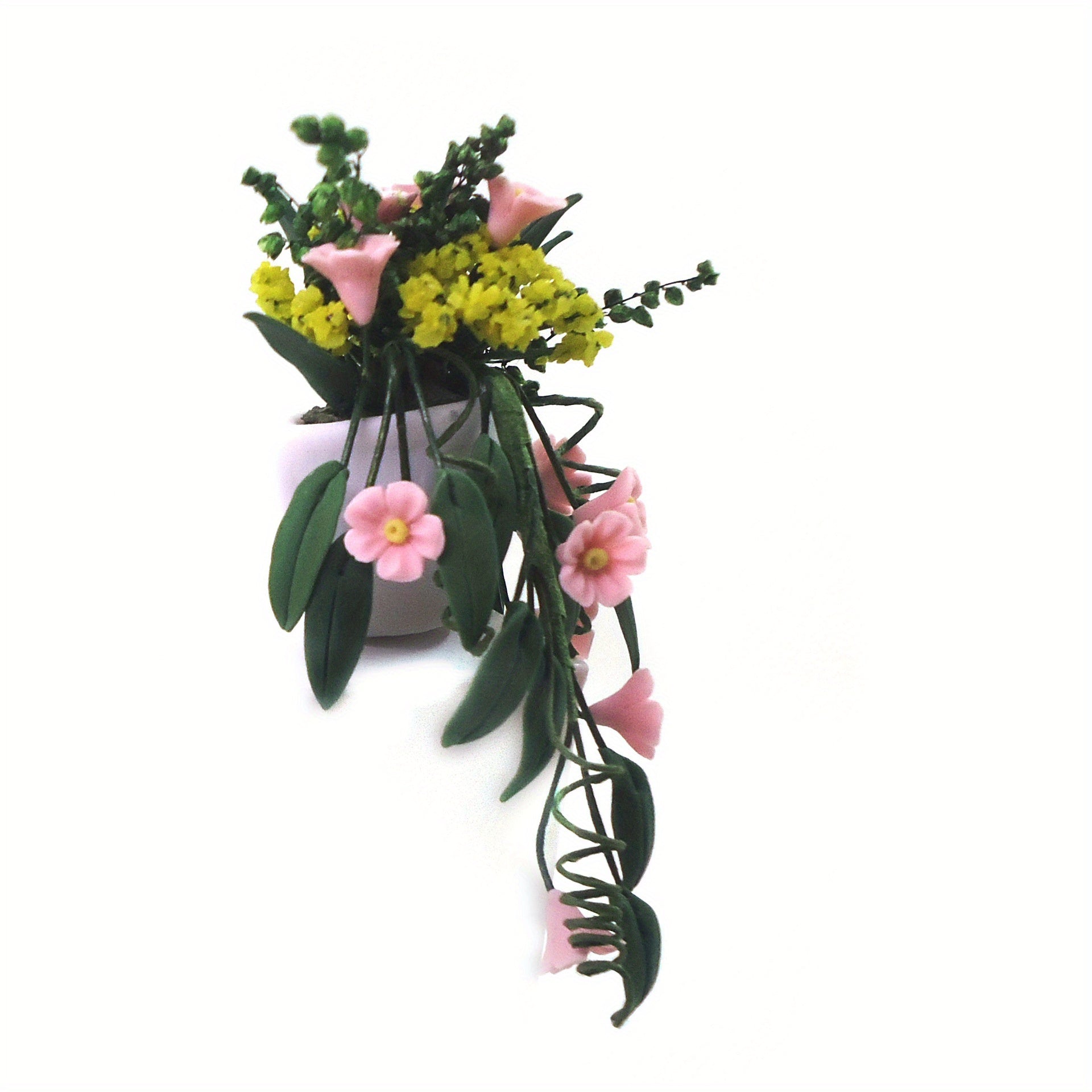 1:12 Scale Clay Flower Basket Wall Hanging Pink Chrysanthemum Vine