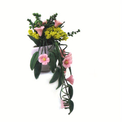 1:12 Scale Clay Flower Basket Wall Hanging Pink Chrysanthemum Vine