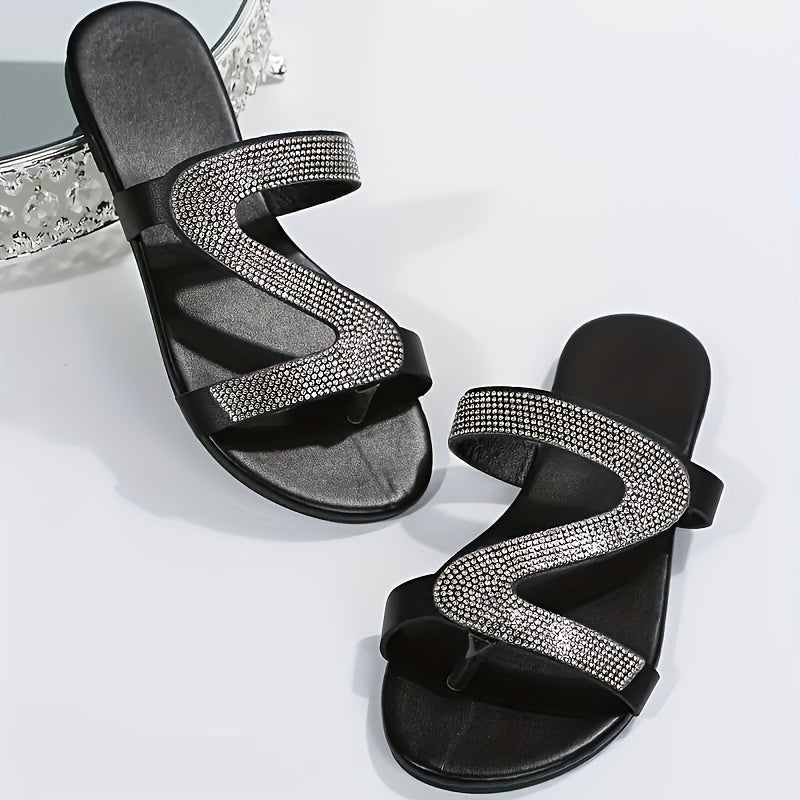 Women's Rhinestone Loop Toe Slide Sandals Lightweight Flat Summer Shoes