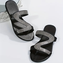 Women's Rhinestone Loop Toe Slide Sandals Lightweight Flat Summer Shoes