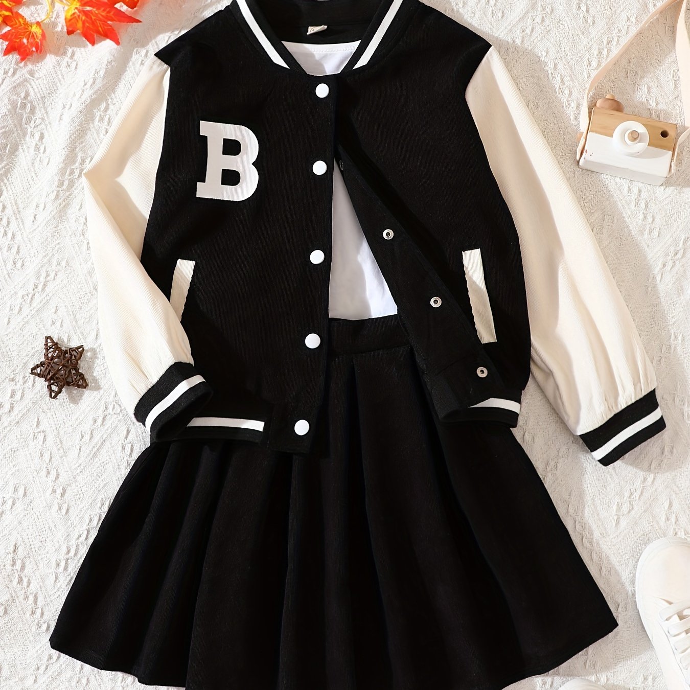 Girls Baseball Jacket & Pleated Skirt Set Letter B Print Corduroy Kid