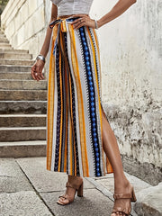  Patchwork Print High Rise Wide Leg Pants with Belt