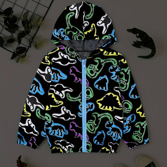 Boys Dinosaur Print Windbreaker Hooded Jacket Long Sleeve Zip Up