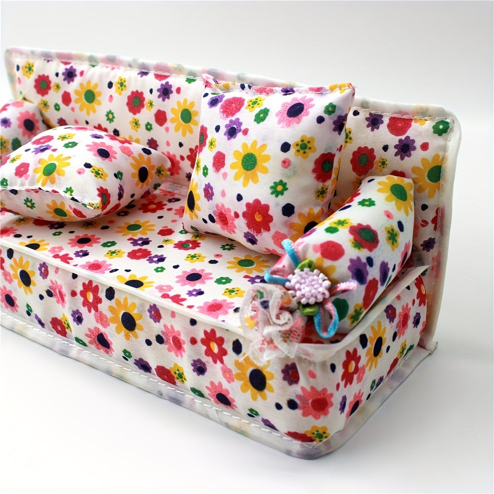 Dollhouse Furniture Flower Cloth Sofa with 2 Cushions