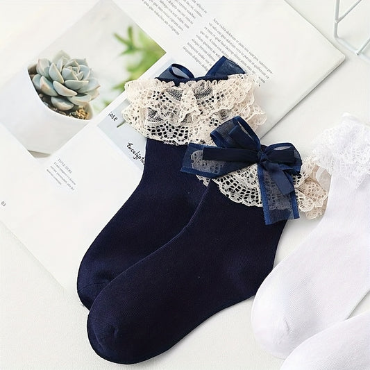 2 Pairs Baby Girls Lace Edged Butterfly Knotted Princess Socks