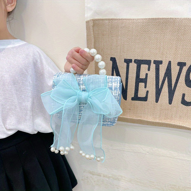 Kids Mesh Bow Handbag w/ Faux Pearl Handle Mini Messenger Bag