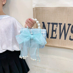 Kids Mesh Bow Handbag w/ Faux Pearl Handle Mini Messenger Bag