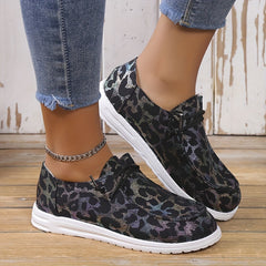 Leopard & Floral Pattern Low Flat Shoes Slip On Lace Up Casual Outdoor Shoes
