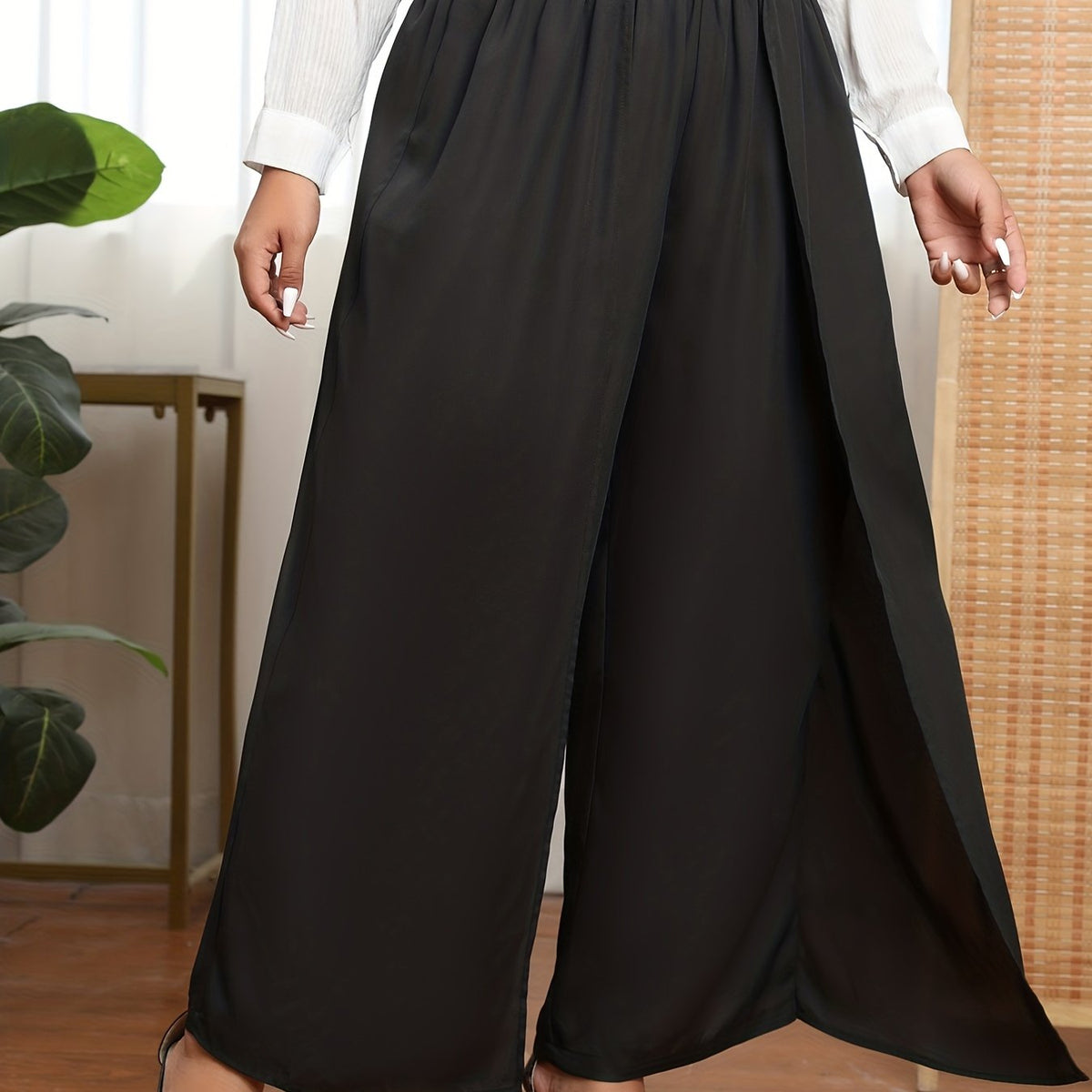 Solid Elastic High Rise Wide Leg Trousers