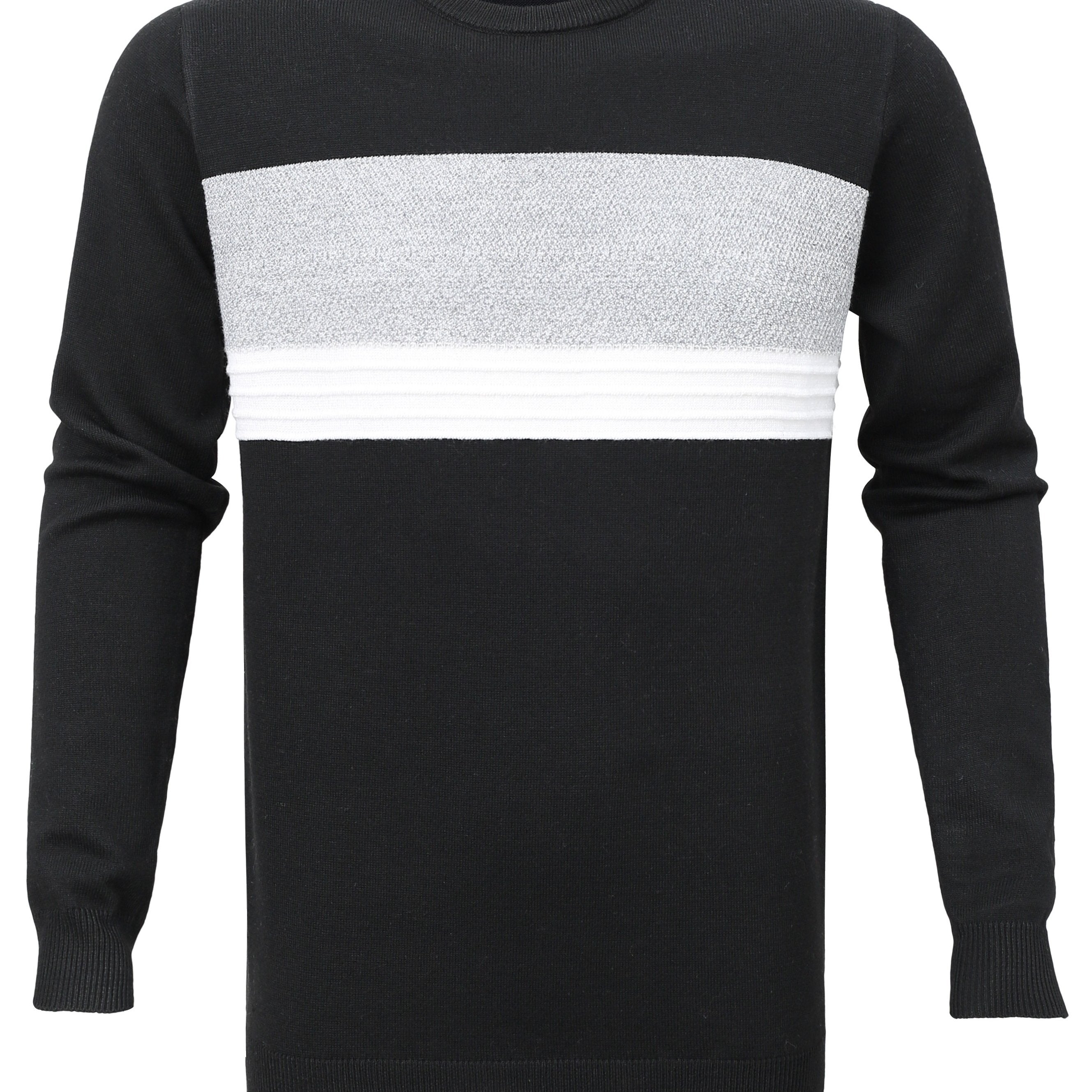 Knitted Block Crew Neck Sweater Men's Casual Warm Pullover