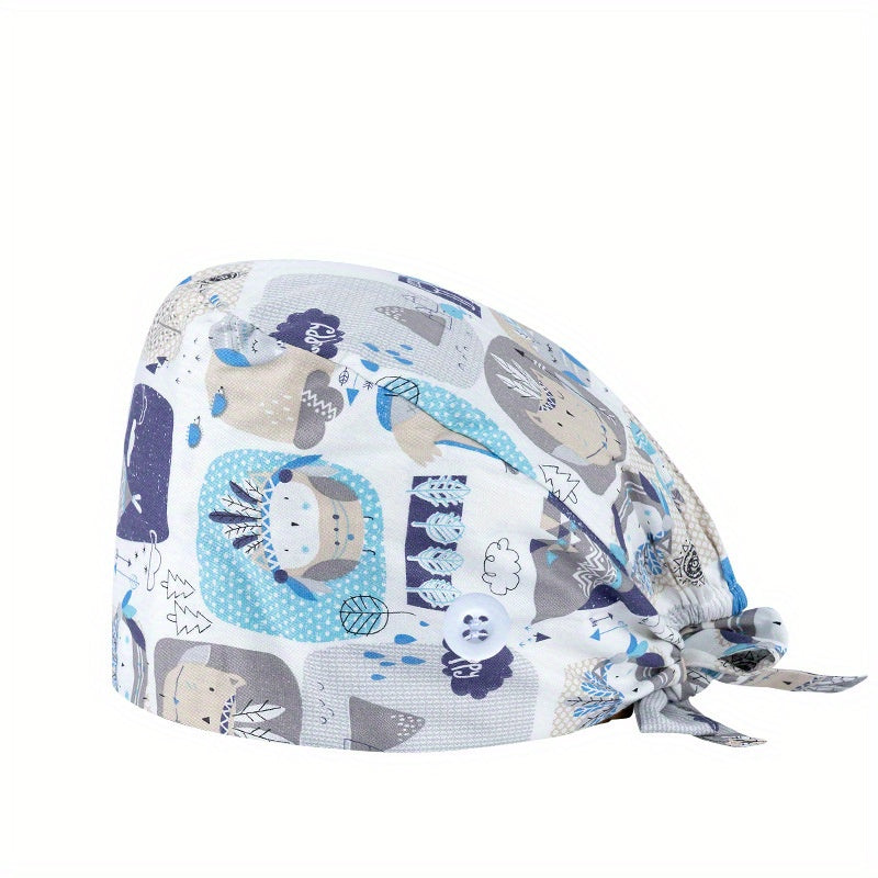 Cartoon Print Cotton Nurse Scrub Cap with Elastic and Button