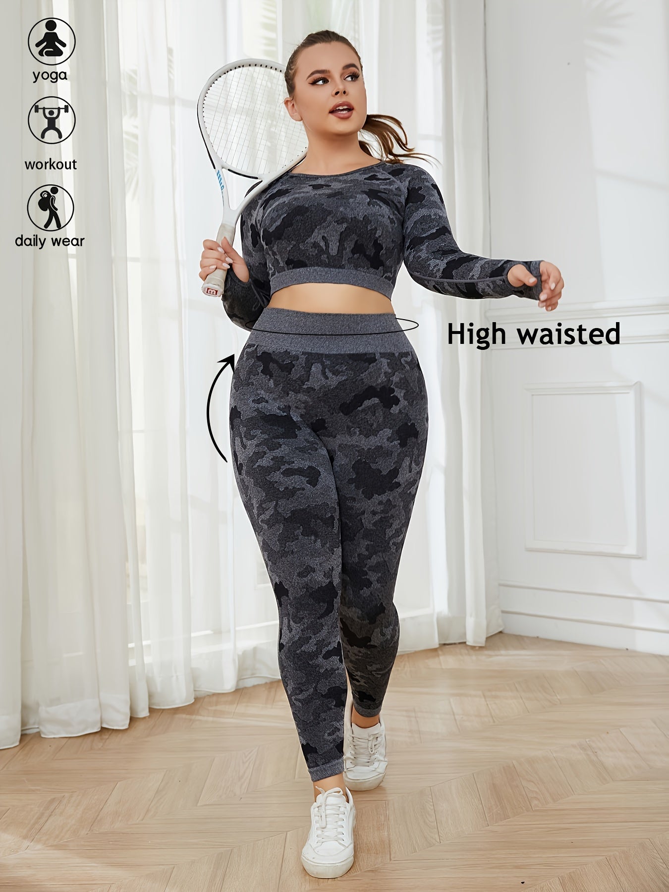  Camo Print Crop Top & Leggings Yoga Outfit Set