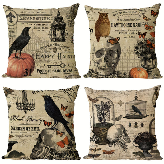 Halloween Linen Blend Pillow Case Skeleton Pumpkin Crow Square Cushion Cover