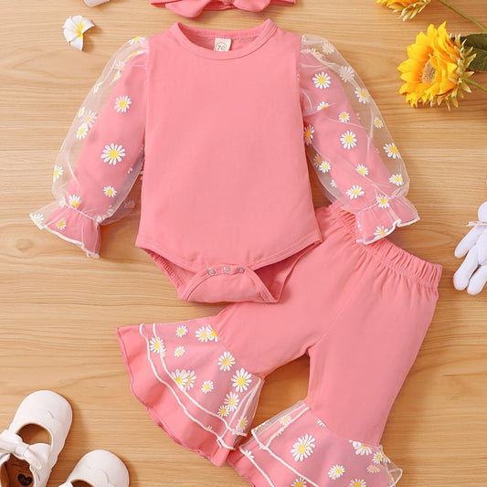 Daisy Mesh Lace Romper Pants Headband Set Newborn Baby Clothes