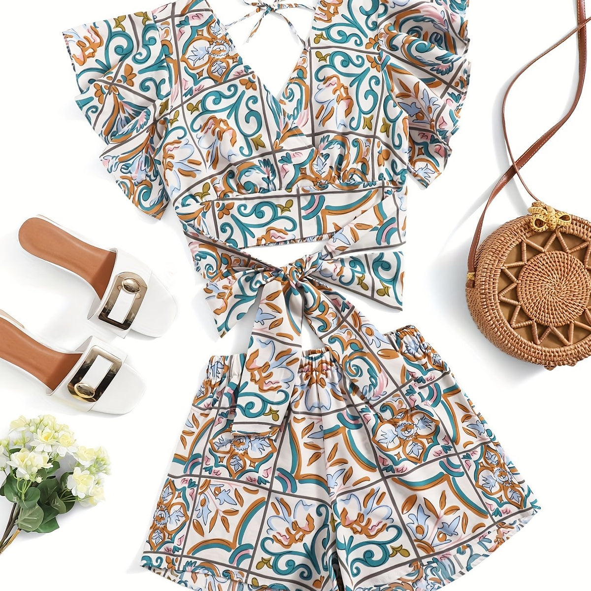 Floral Print Two Piece Set Ruffle Trim V Neck Tops & Elastic Waist Shorts