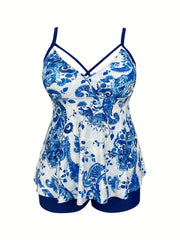 Floral Print Boho Tankini Set Plus Size Women's Strappy Top & Shorts