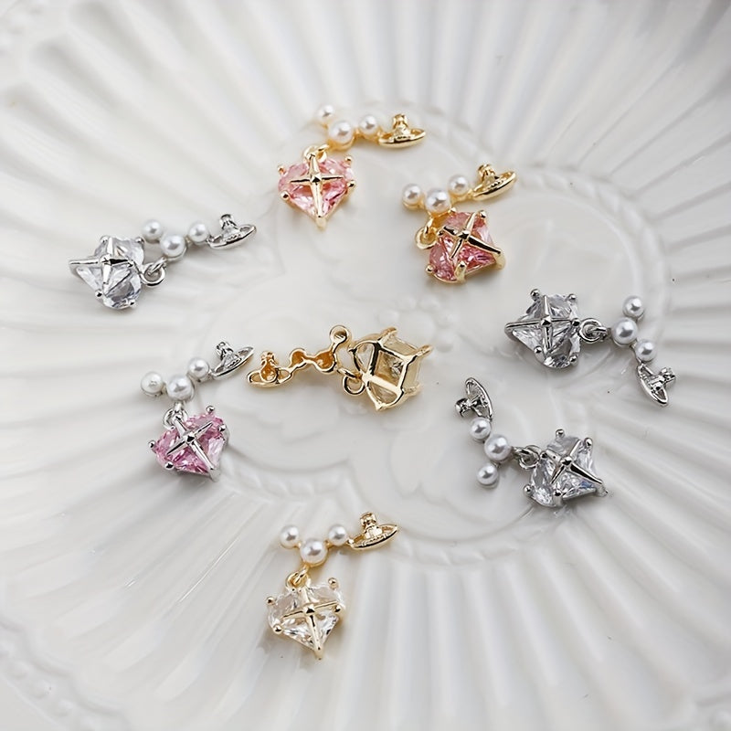 Heart Pearl Crystal Gems Nail Charms 2 Pcs