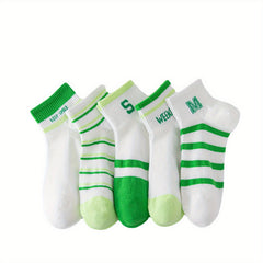 5 Pairs Letter & Striped Socks Comfy & Breathable Short Socks Women's Stockings