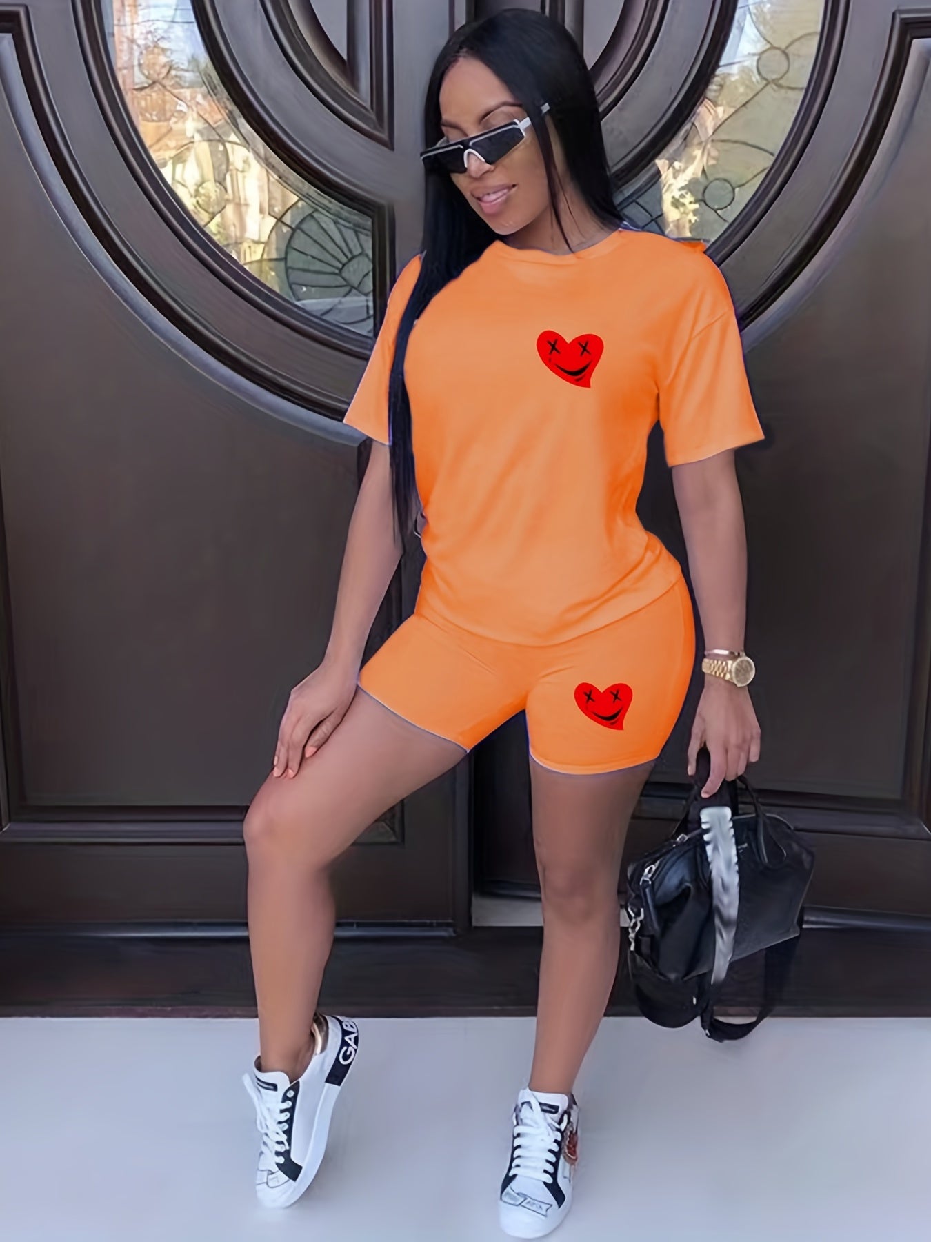 Heart Print Two piece Set Casual T shirt & Sporty Short