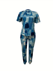 Denim Print Two Piece Set Short Sleeve T shirt & High Waist Pants Outfits