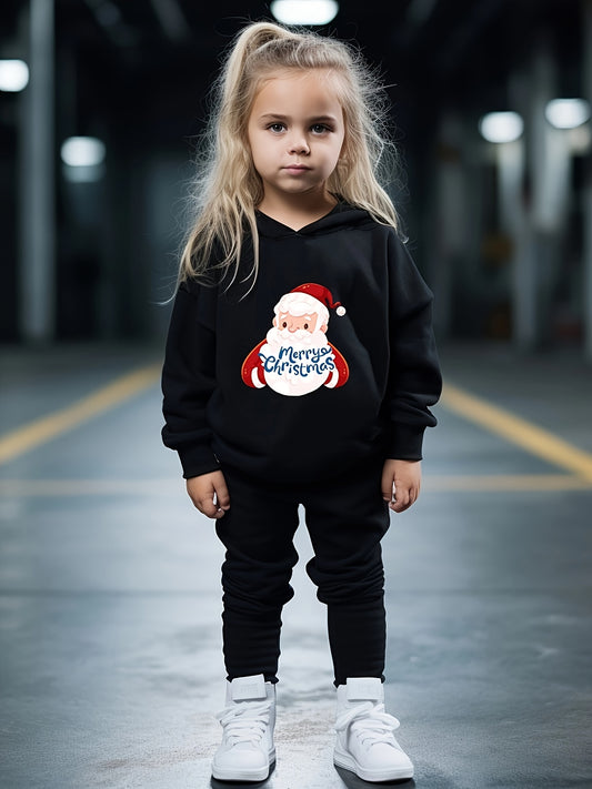 Santa Print Hoodies Jogger Set for Kids, Christmas Outfit