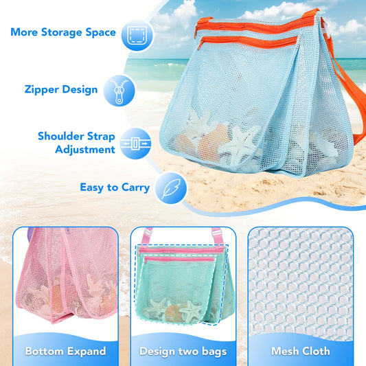 Seashell Collecting Bags Set Breathable Mesh Beach Bags Pink Green Beach Toy