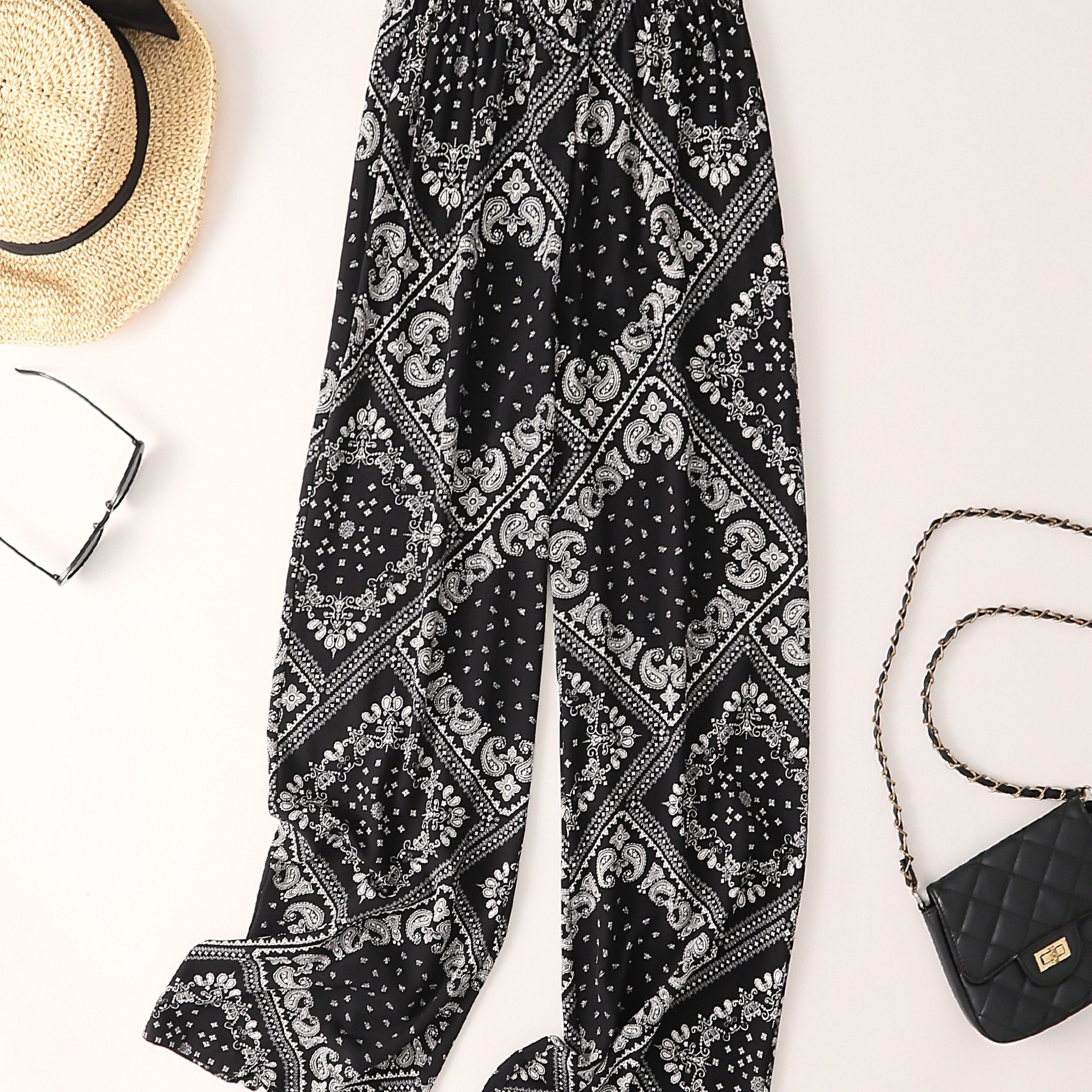 Paisley Scarf Print Wide Leg Pants Boho Casual Loose Pants