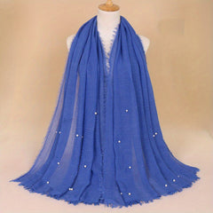 Solid Hijab Faux Pearl Decor Scarf Frayed Edge Shawl