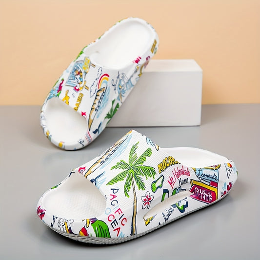Women's Side Hollow Out Slides Colorful Graffiti Slip On Soft Sole Non slip Slid