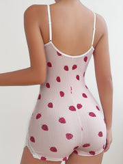 Strawberry Print Pajama Romper Lace Trim V Neck Slip Pajamas