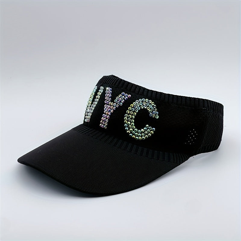 Rhinestone Letter Visor Hat Knitted Elastic Sun Cap