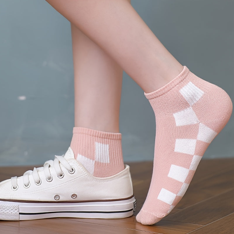 5 Pairs Plaid & Striped Crew Short Socks Women's Stockings