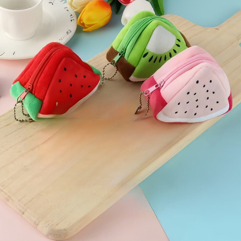 Set of 3 Plush Fruit Wallets Strawberry Kiwi Pineapple Zippered Pouches