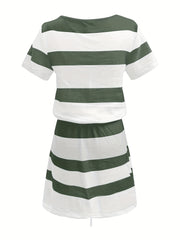 Striped V Neck Belt Casual Dress Women