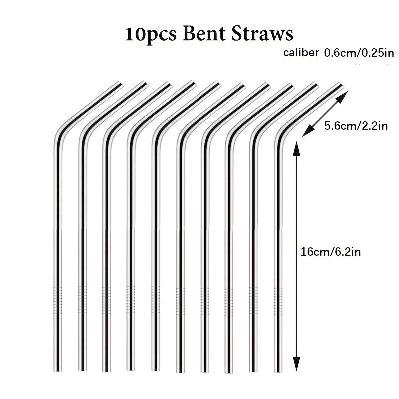 10pcs Stainless Steel Reusable Straws Set for Cocktails Milk Tea