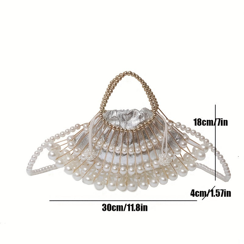 Fan Shaped Niche Hollow Bag Woven Faux Pearl Metal Dinner Bag