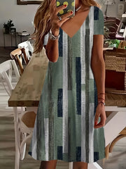  Stripe Print Short Sleeve V Neck Tee Dress