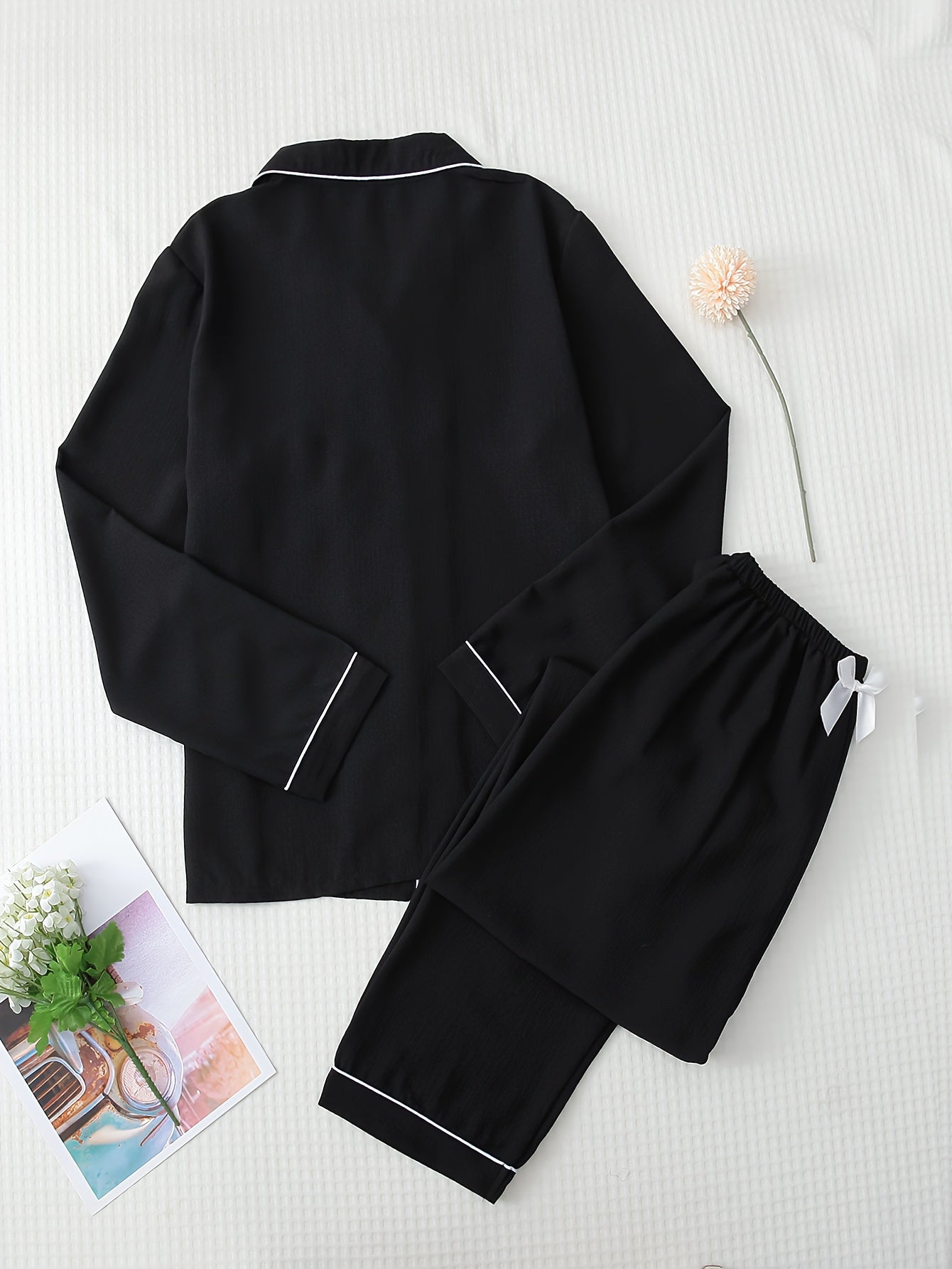 Heart Print Pajama Set Long Sleeve Buttons Top & Elastic Waistband Pants Women
