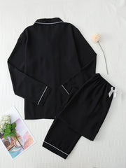 Heart Print Pajama Set Long Sleeve Buttons Top & Elastic Waistband Pants Women