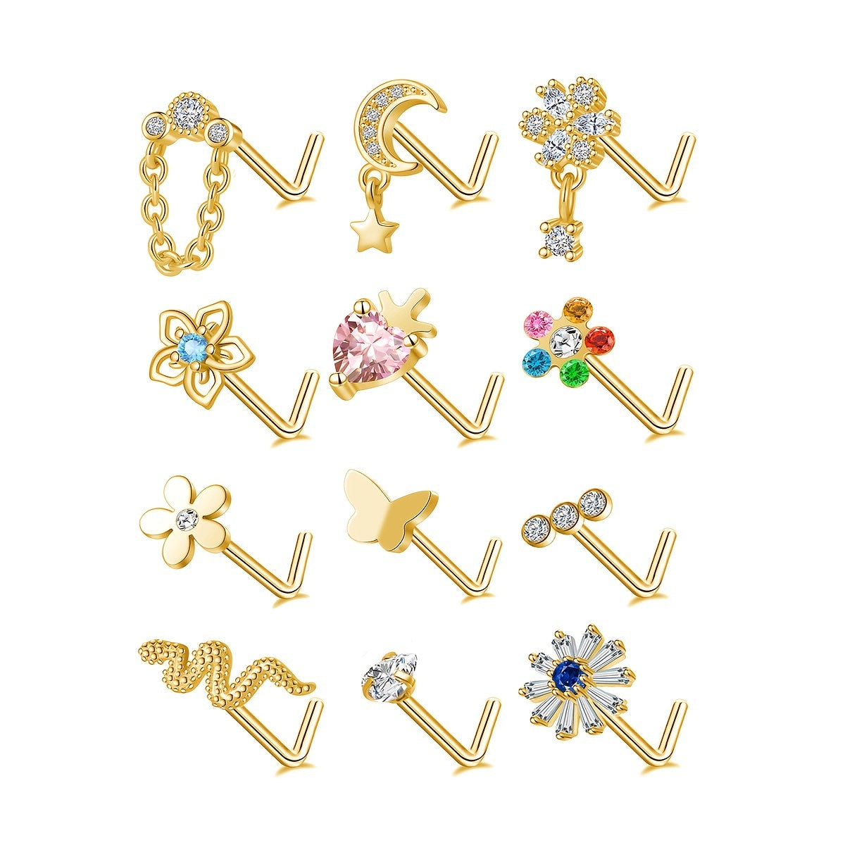 Heart Moon Butterfly CZ Nose Rings Studs 20G Stainless Steel Punk Nose Piercing