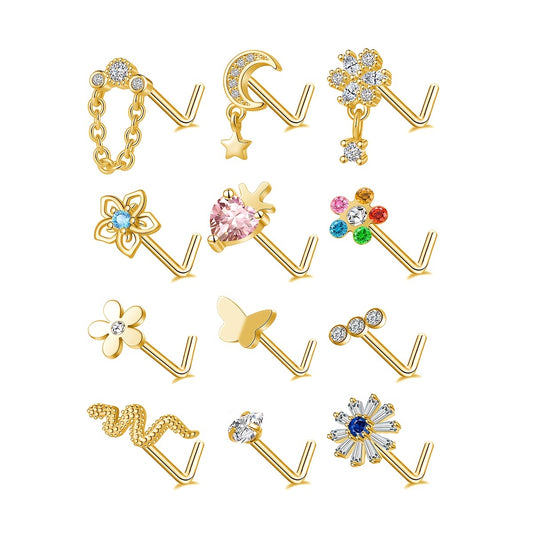Heart Moon Butterfly CZ Nose Rings Studs 20G Stainless Steel Punk Nose Piercing