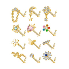Heart Moon Butterfly CZ Nose Rings Studs 20G Stainless Steel Punk Nose Piercing