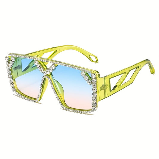 Y2K Oversized Square Sunglasses Rhinestone Gradient UV400