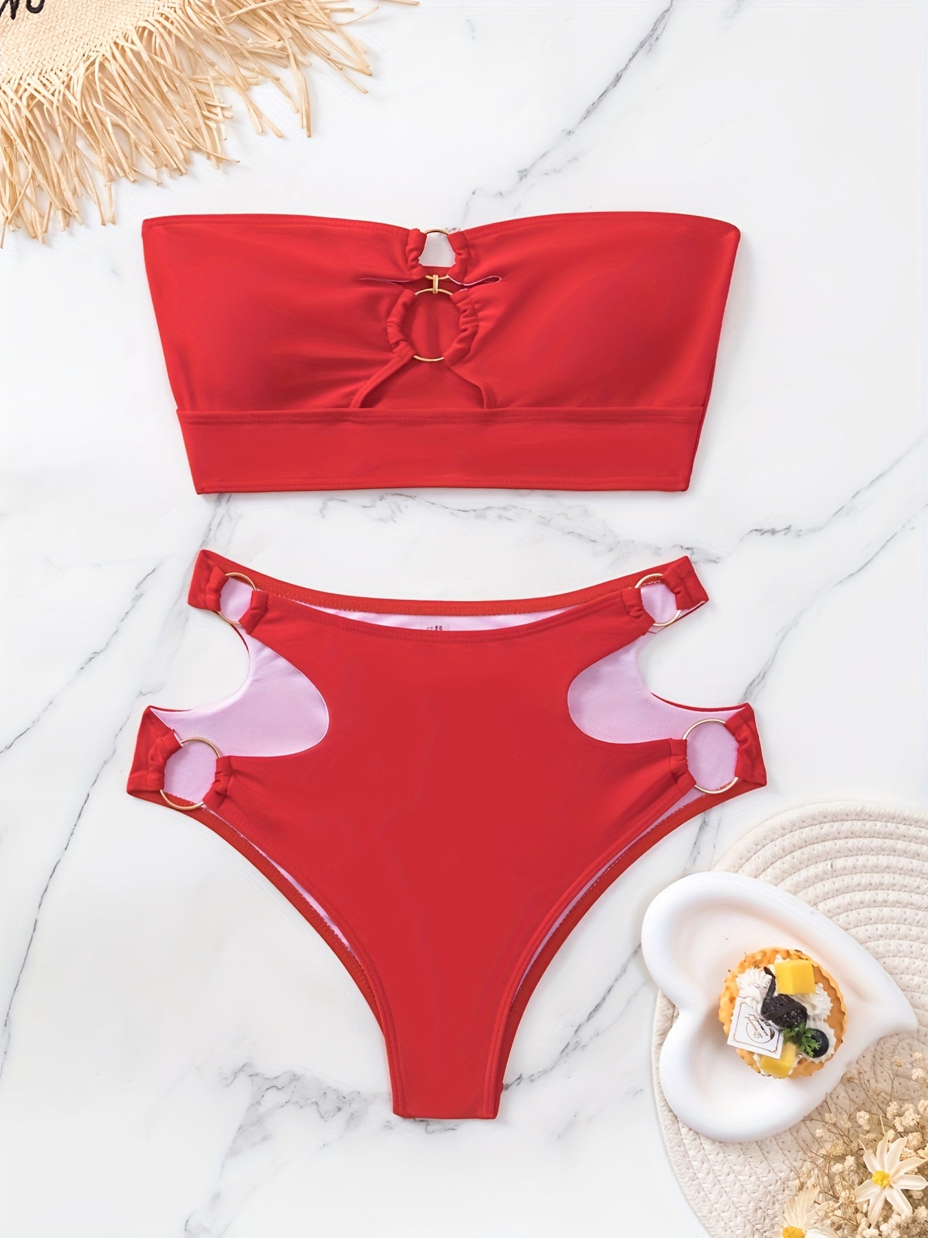 Ring Linked Bandeau Bikini Set Solid Two Piece Swimsuit