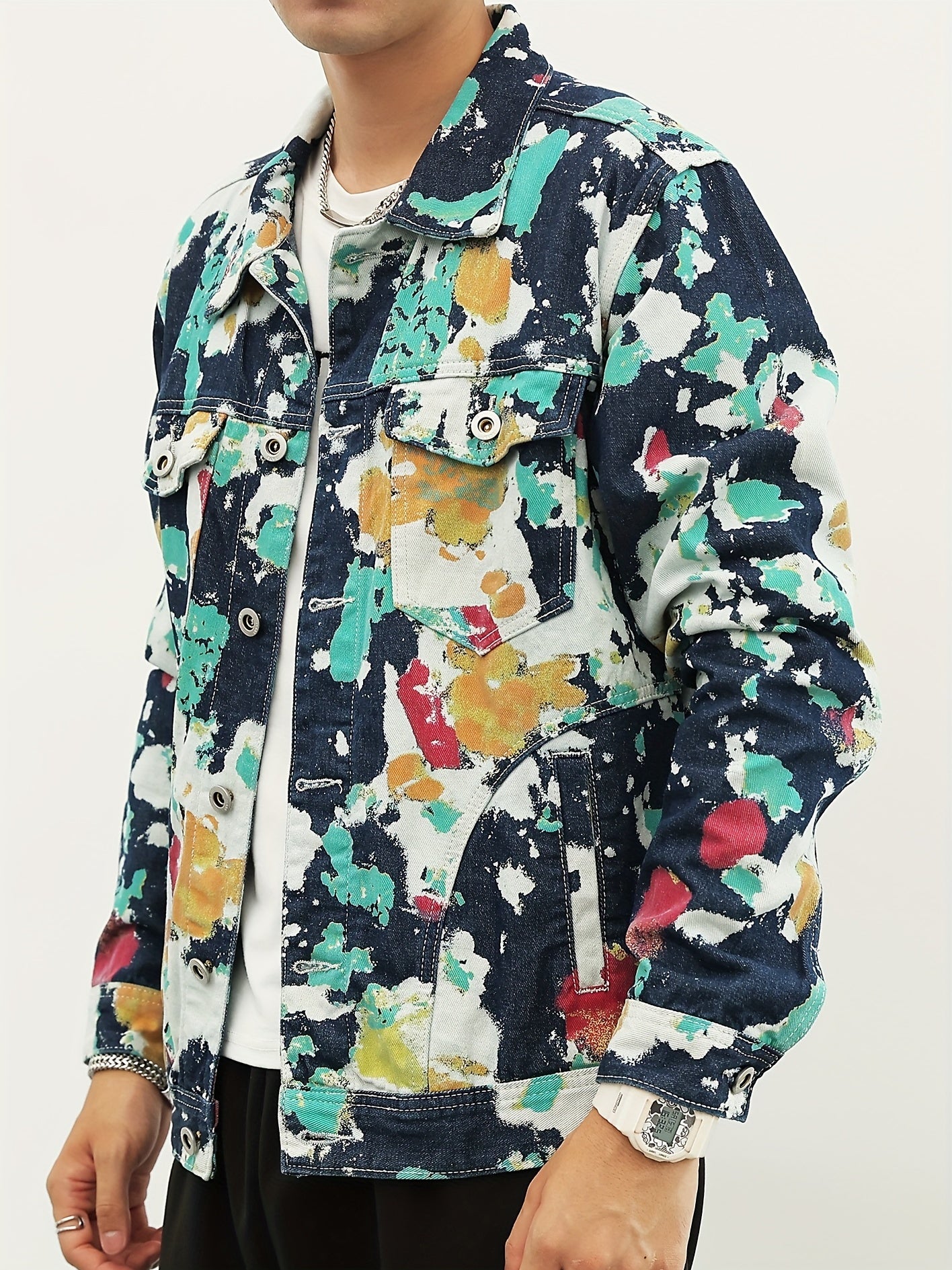 Men's Tie Dye Denim Jacket Street Style Button Up Jacket